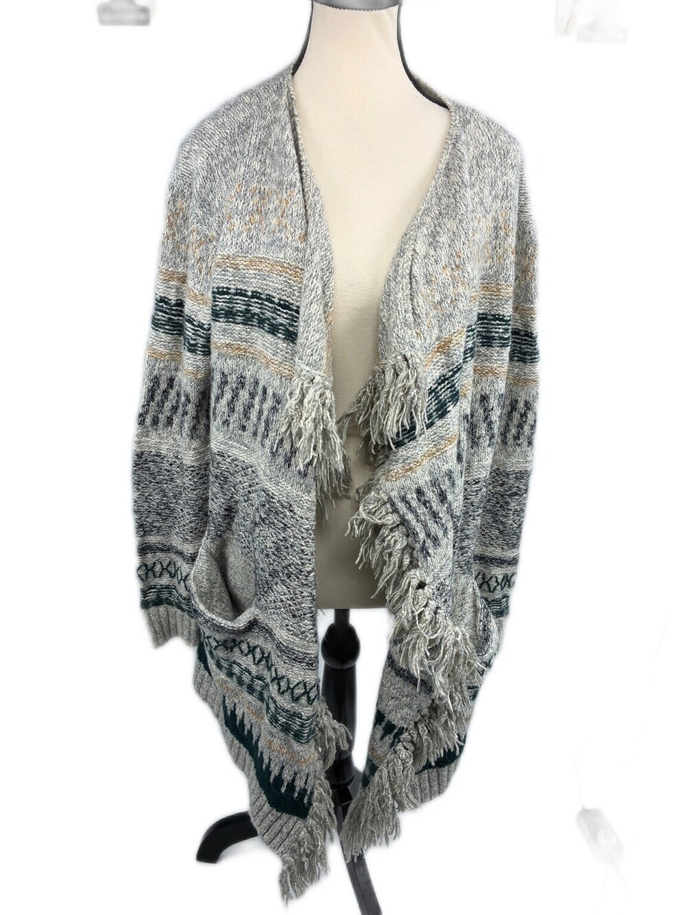 Cabi Wanderlust Cardigan Sweater M Tribal Fringe Open Front Pockets